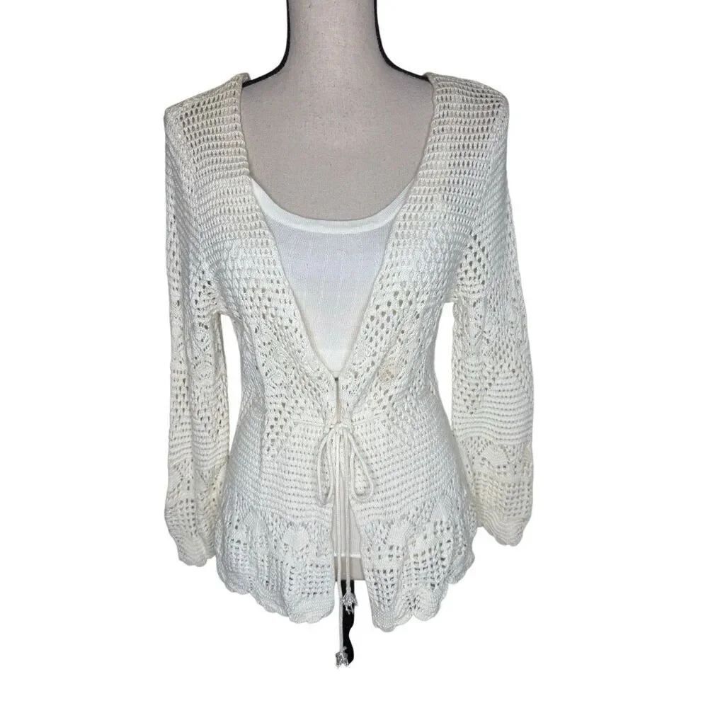 Thalia Sodi Cardigan Sweater and Shell Ivory Crochet Tie Front Size S Vintage